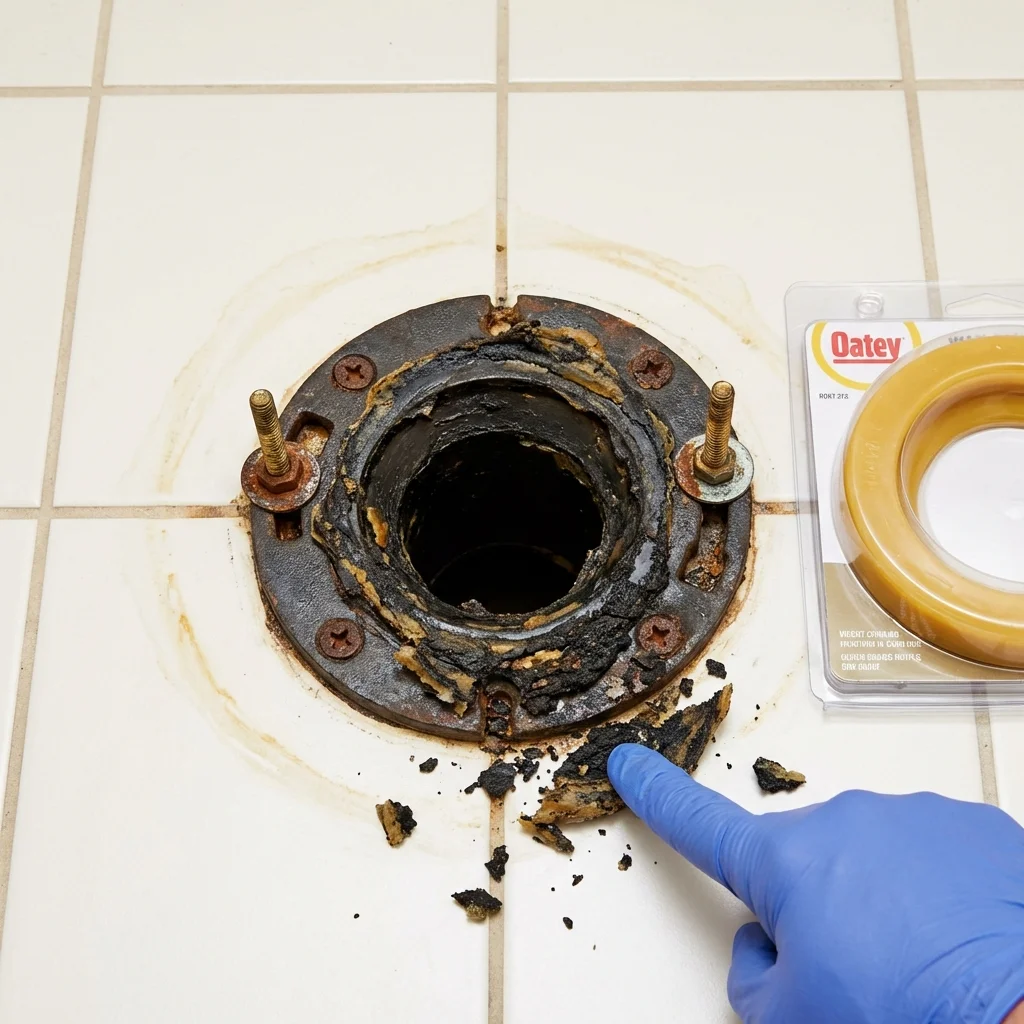 Failed wax ring showing water seepage at the base of a toilet in a Navarre, FL home