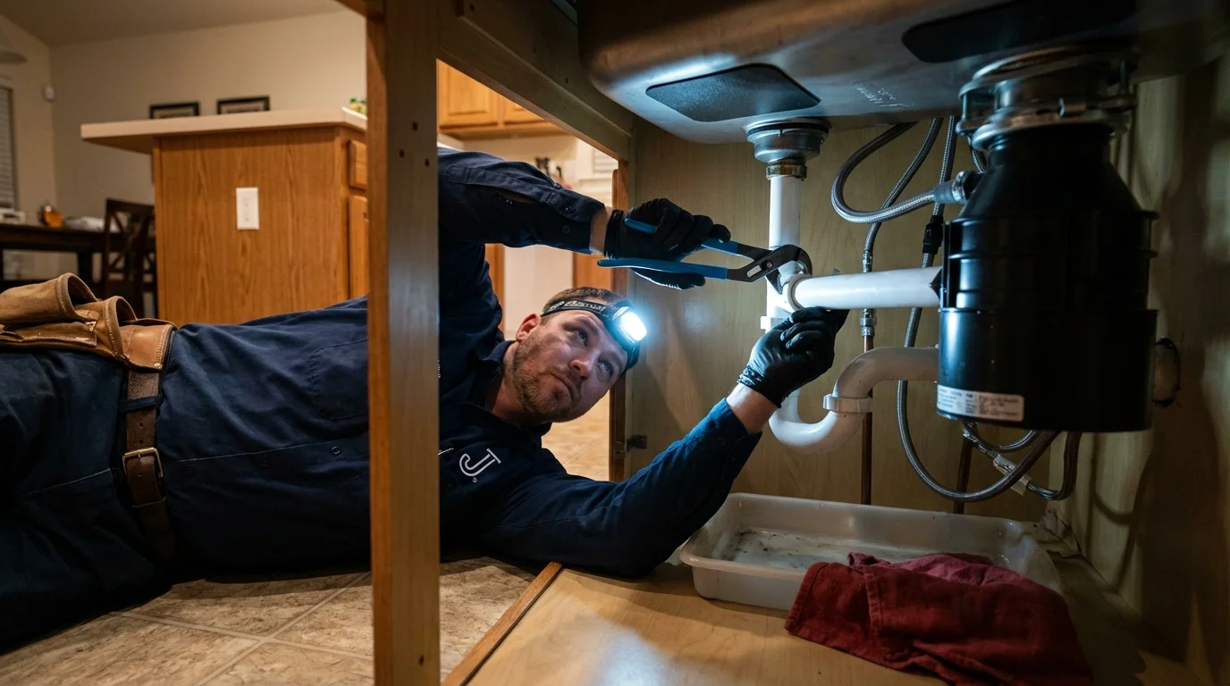 P-trap and supply line connections under a kitchen sink showing a common leak point in Navarre, FL